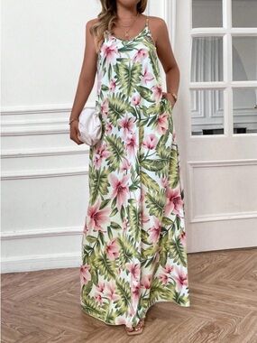 NWT Tropical Floral Maxi Slip Dress w Pockets Pink & Green Preppy Plus 3X/4XL